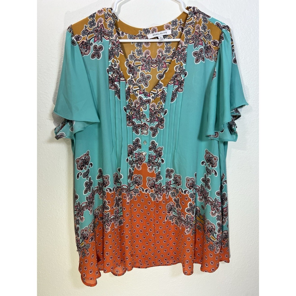 ROSE+OLIVE Top Plus 2X Multi Floral Blouse SS Blue Orange Boho Cottage Poly